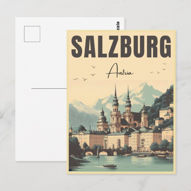 Retro Austria Hauptstadt salzburg skyline Postkarte (Vorne/Hinten)