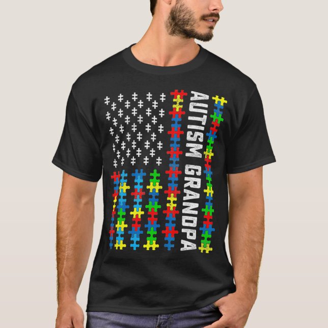 Retro Autismus Awareness USA Flag Opa Support Au T-Shirt (Vorderseite)