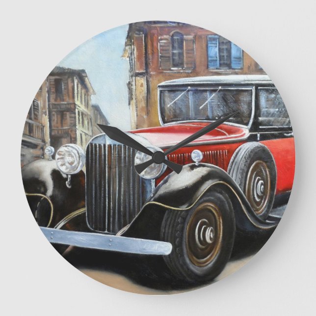 Retro Auto Altstadt Malerei Große Wanduhr (Vorderseite)