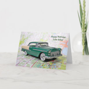 Retro-Auto auf Straßenkarte zum Geburtstag Karte
