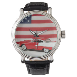 Retro-Auto mit amerikanischer Flagge Armbanduhr