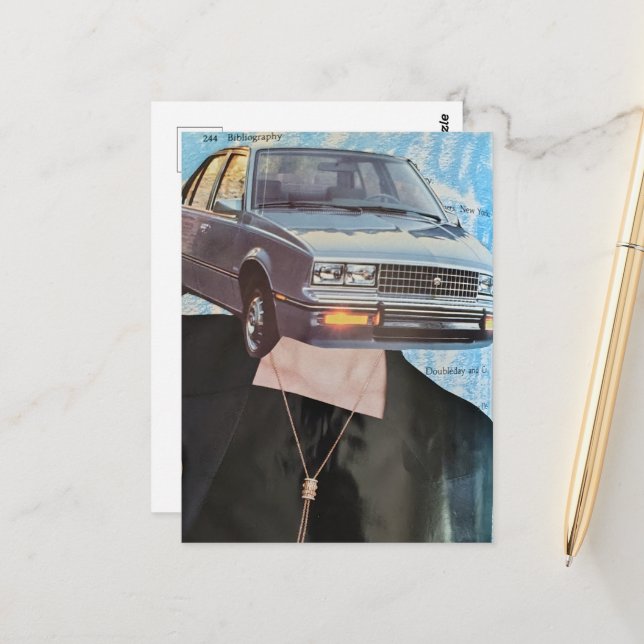 Retro-Auto mit Frauenkopf-Collage Postkarte (Vorderseite/Rückseite Beispiel)