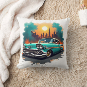 Retro-Auto mit Stadtsilhouette - Akzentkissen Kissen