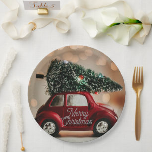 Retro-Auto mit Weihnachtsbaum-Papierteller Pappteller