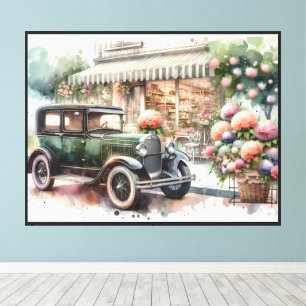 Retro-Auto und blühende Boutique-Szene Leinwanddruck