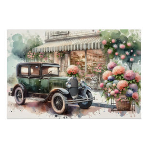 Retro-Auto und blühende Boutique-Szene Poster
