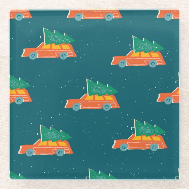 Retro-Auto-Weihnachtsbaum-Muster Glasuntersetzer (Vorderseite)