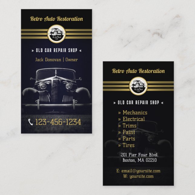 Retro-Auto-Wiederherstellung | Repair Shop elegant Visitenkarte (Vorne/Hinten)