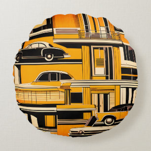 Retro-Autos Geometrisches Senf-Mid-Century Rundes Kissen