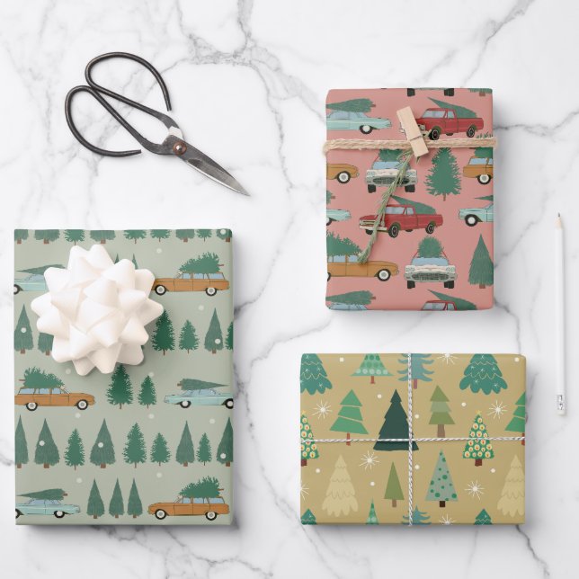 Retro-Autos, LKWs, Weihnachtsbaumen Geschenkpapier Set (Vorderseite)