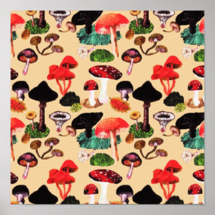 Retro Autumn Woodland Mushroom Watercolor Poster