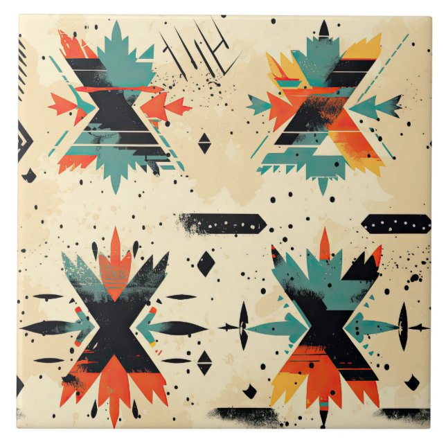 Retro Aztec Muster geometrisch abstrakt orange Fliese (Vorderseite)