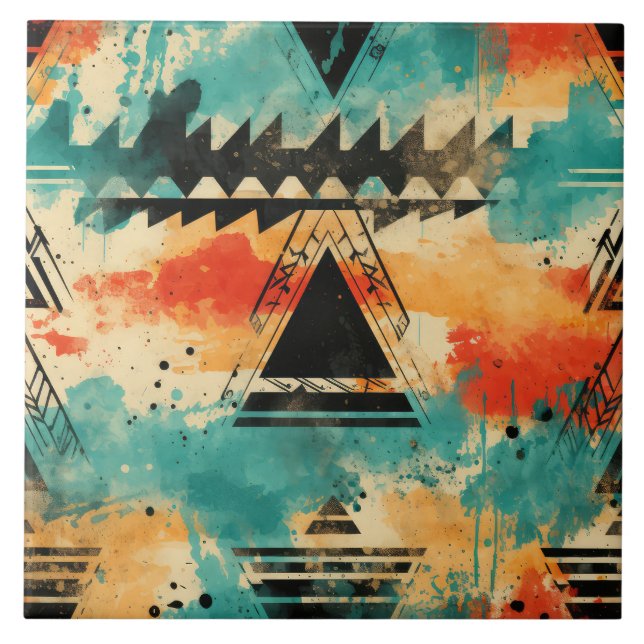 Retro Azteken-Muster geometrisch abstrakt orange Fliese (Vorderseite)