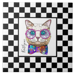 Retro B&W-Checkerboard, Hipster cat, personalisier Fliese