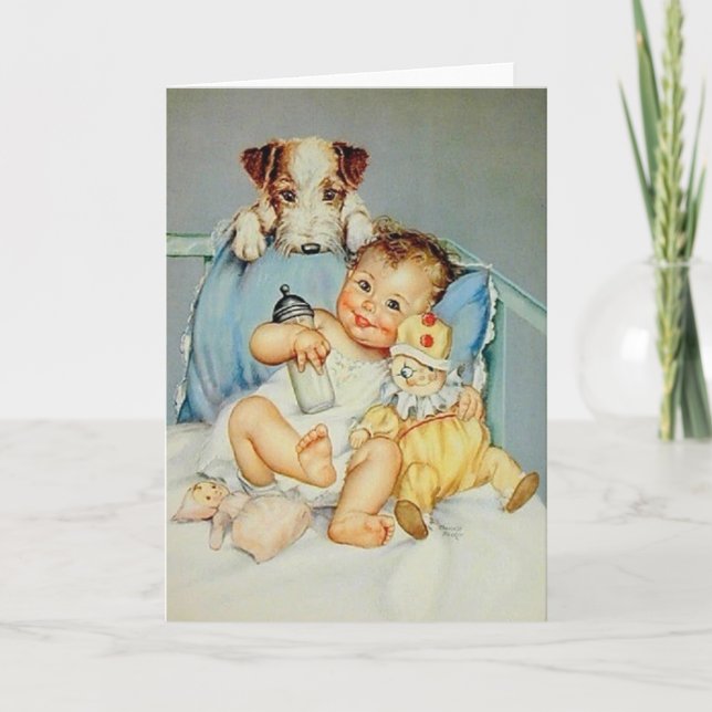 Retro Baby and Puppy Grußkarte Karte (Vorderseite)
