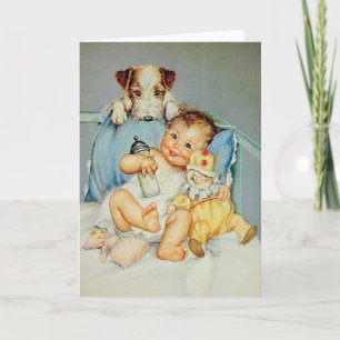 Retro Baby and Puppy Grußkarte Karte