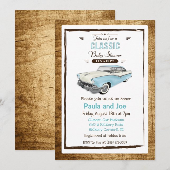 Retro Baby Dusche Einladung für klassische Autos (Vorne/Hinten)