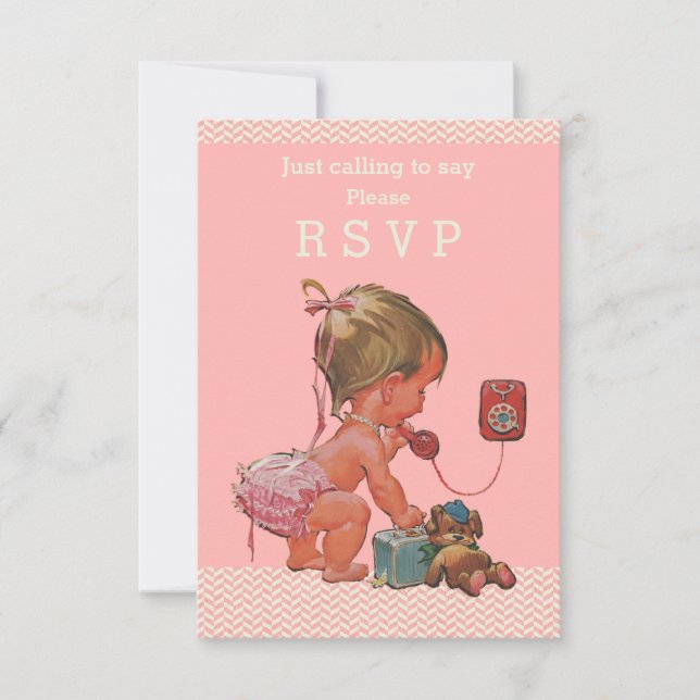 Retro Baby Girl on Phone Baby Dusche UAWG RSVP Karte (Vorderseite)