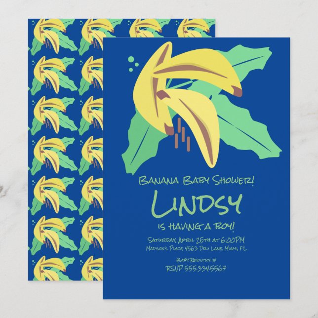 Retro Banana Blue Boy Baby Dusche Einladung (Vorne/Hinten)