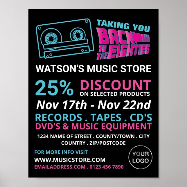 Retro-Band der 80er Jahre, Musik-Store-Werbung Poster (Vorne)