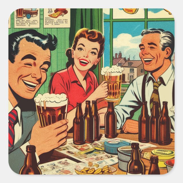 Retro-Bar-Bier-Comicen Quadratischer Aufkleber (Vorderseite)