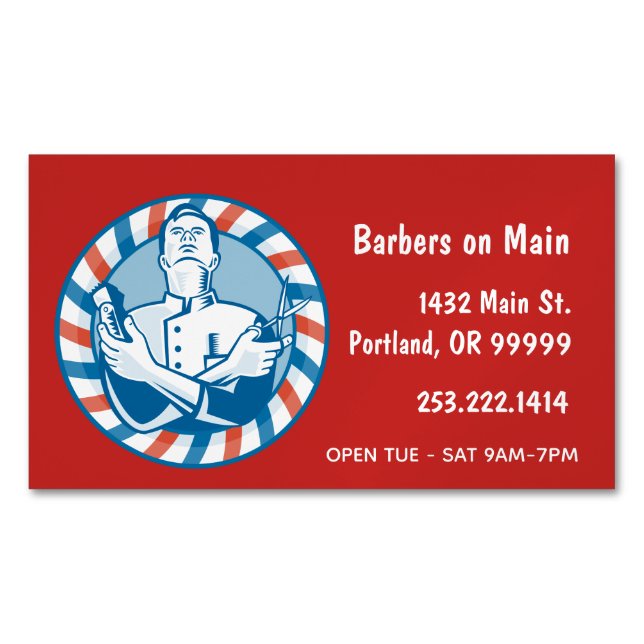 Retro Barber Abzeichen auf Rot Magnetische Visitenkarte (Vorderseite)