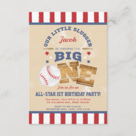 Retro Baseball-1. Geburtstags-Sterne u. Streifen Einladung