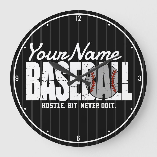 Retro Baseball ADD NAME Pinstripe Team Player Große Wanduhr (Vorderseite)