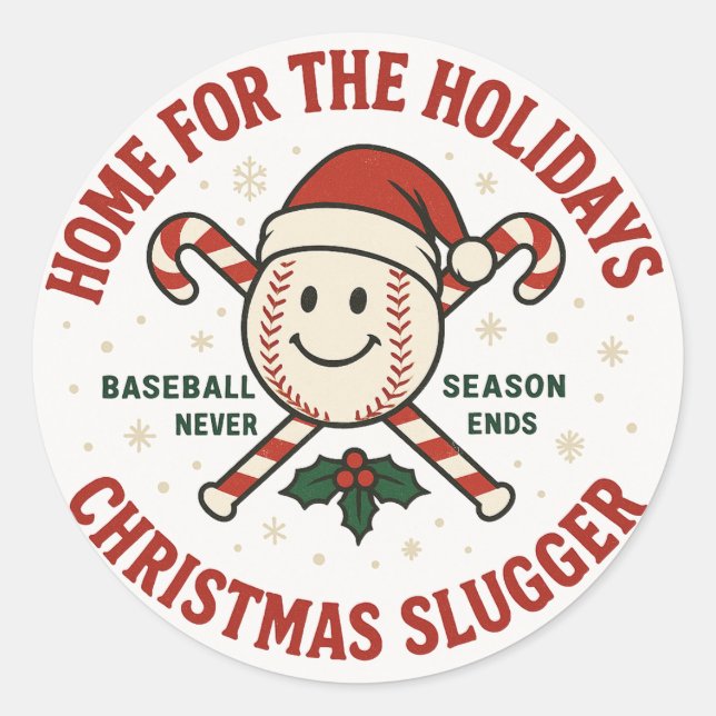 Retro Baseball Christmas "Home for the Holidays"  Runder Aufkleber (Vorderseite)