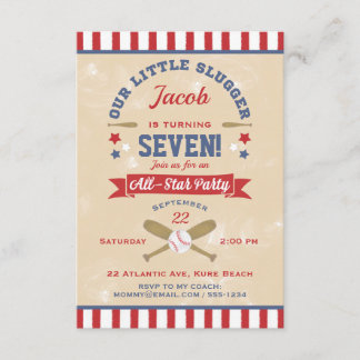 Retro Baseball Geburtstagsstars & Streifen Einladung