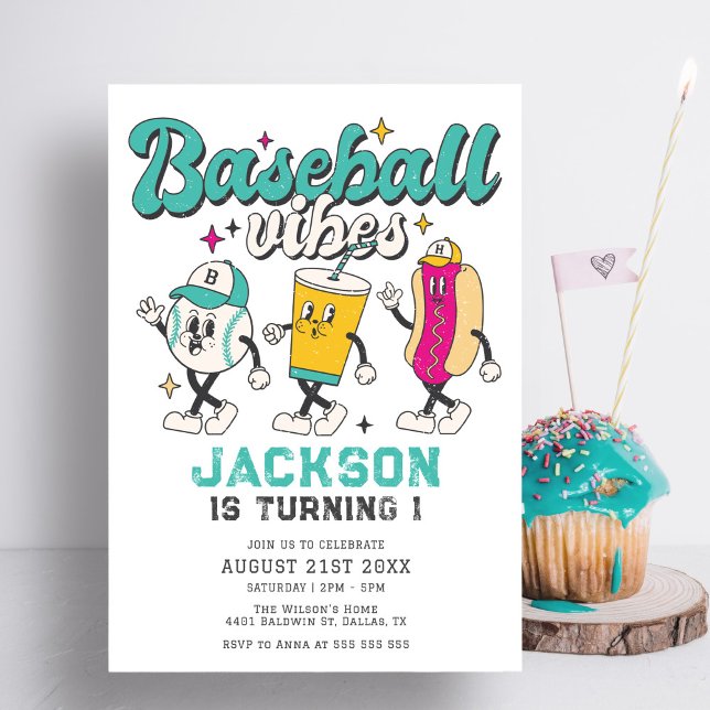 Retro Baseball Vibes Bright Kindergeburtstag Einladung (Von Creator hochgeladen)