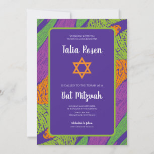 Retro Bat Mitzwa lila und grüner QR-Code Einladung