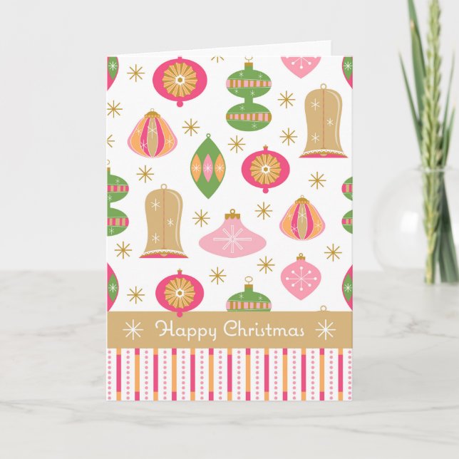Retro Baubles / Ornamente Weihnachtskarte - Rosa Dankeskarte (Vorderseite)