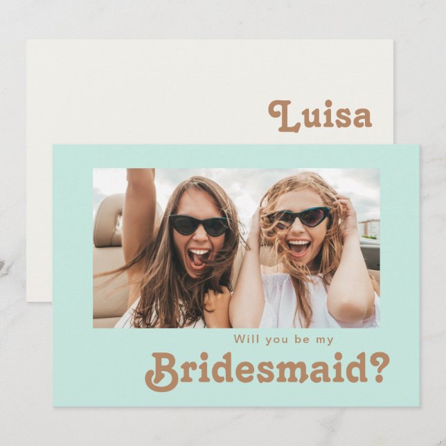 Retro Beach | Aqua Foto Bridesmaid Vorschlagskarte Einladung (Vorne/Hinten)