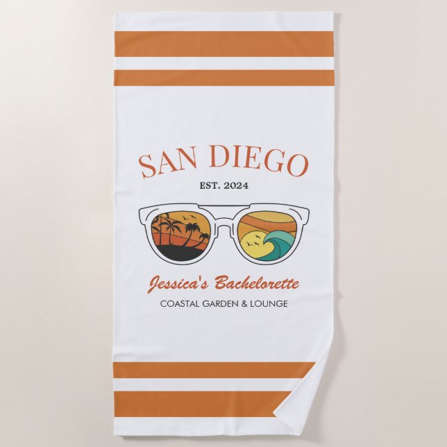 Retro Beach Bachelorette Custom Bridesmaid Geschen Strandtuch (Vorderseite)
