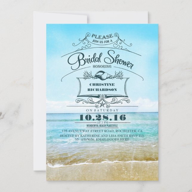 Retro Beach blue ombre Brautparty lädt ein Einladung (Vorderseite)
