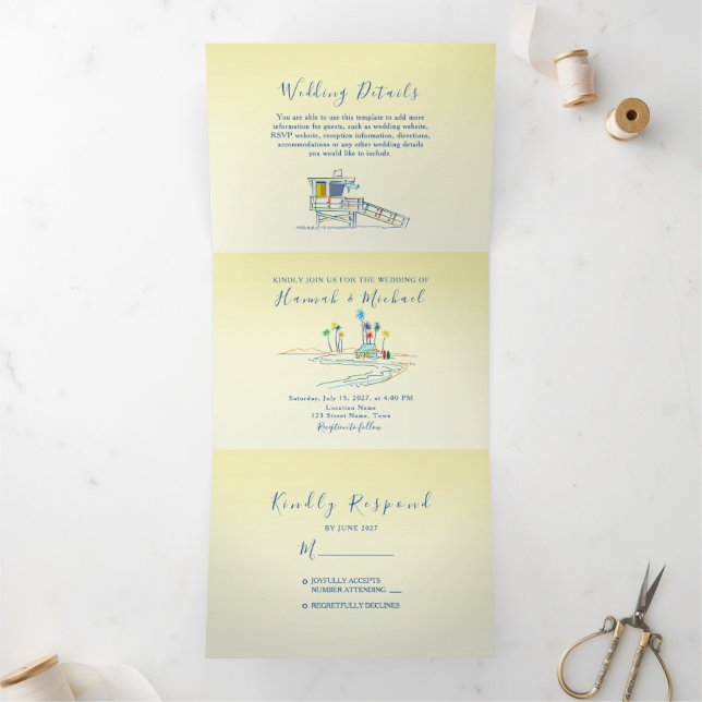 Retro Beach Foto Wedding Dreifach Gefaltete Einladung (Innenseite)