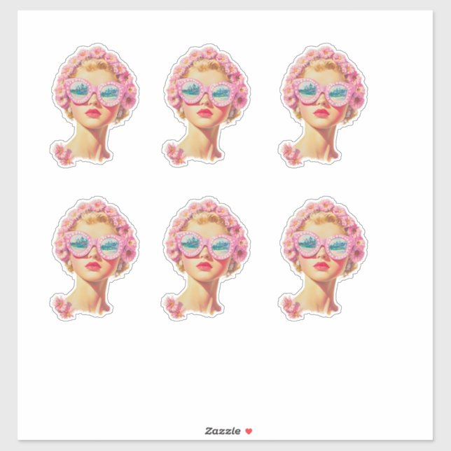 Retro Beach Girl mit Blumenaufkleber Aufkleber (Blatt)