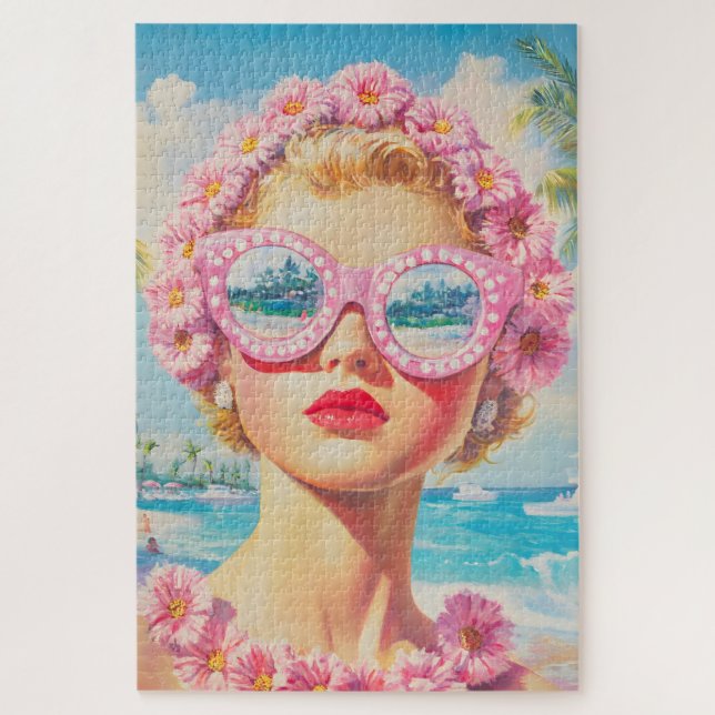 Retro Beach Girl mit Blumenbrille (Vertikal)