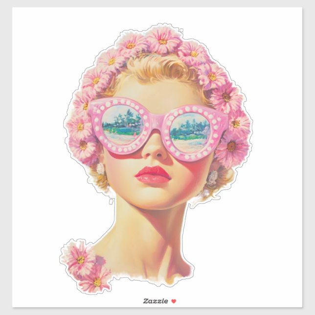 Retro Beach Girl mit Blumenbrille Aufkleber (Blatt)