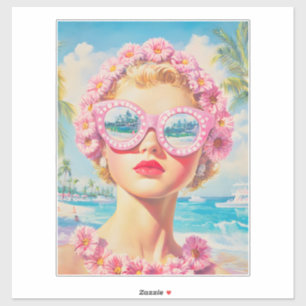 Retro Beach Girl mit Blumenbrille Aufkleber