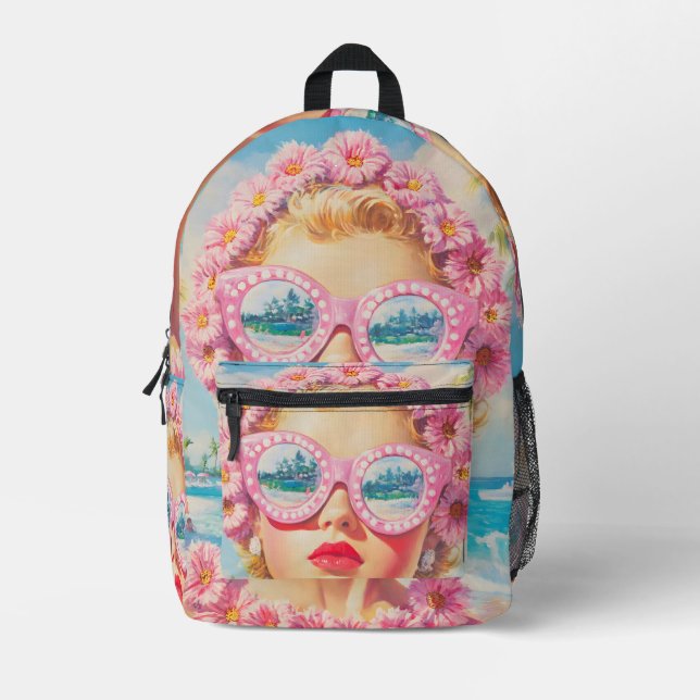 Retro Beach Girl mit Blumenbrille Bedruckter Rucksack (Vorderseite)