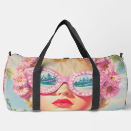 Retro Beach Girl mit Blumenbrille Duffle Bag