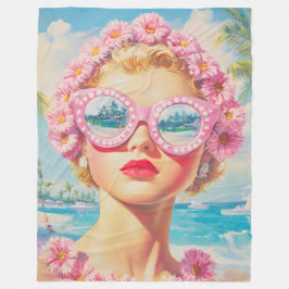 Retro Beach Girl mit Blumenbrille Fleecedecke