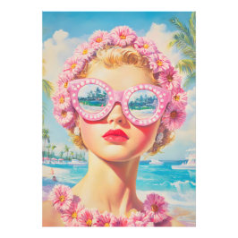 Retro Beach Girl mit Blumenbrille Fotodruck