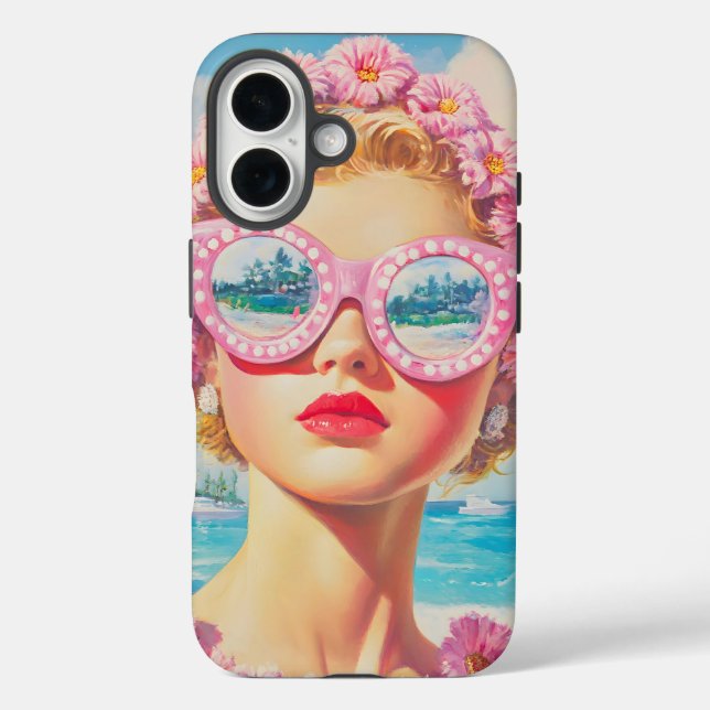 Retro Beach Girl mit Blumenbrille iPhone 16 Hülle (Rückseite)