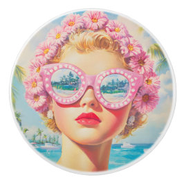 Retro Beach Girl mit Blumenbrille Keramikknauf