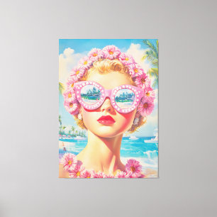 Retro Beach Girl mit Blumenbrille Leinwanddruck