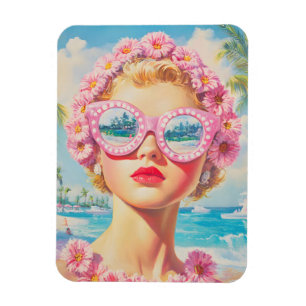 Retro Beach Girl mit Blumenbrille Magnet