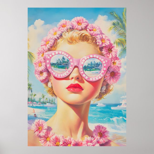 Retro Beach Girl mit Blumenbrille Poster (Vorne)